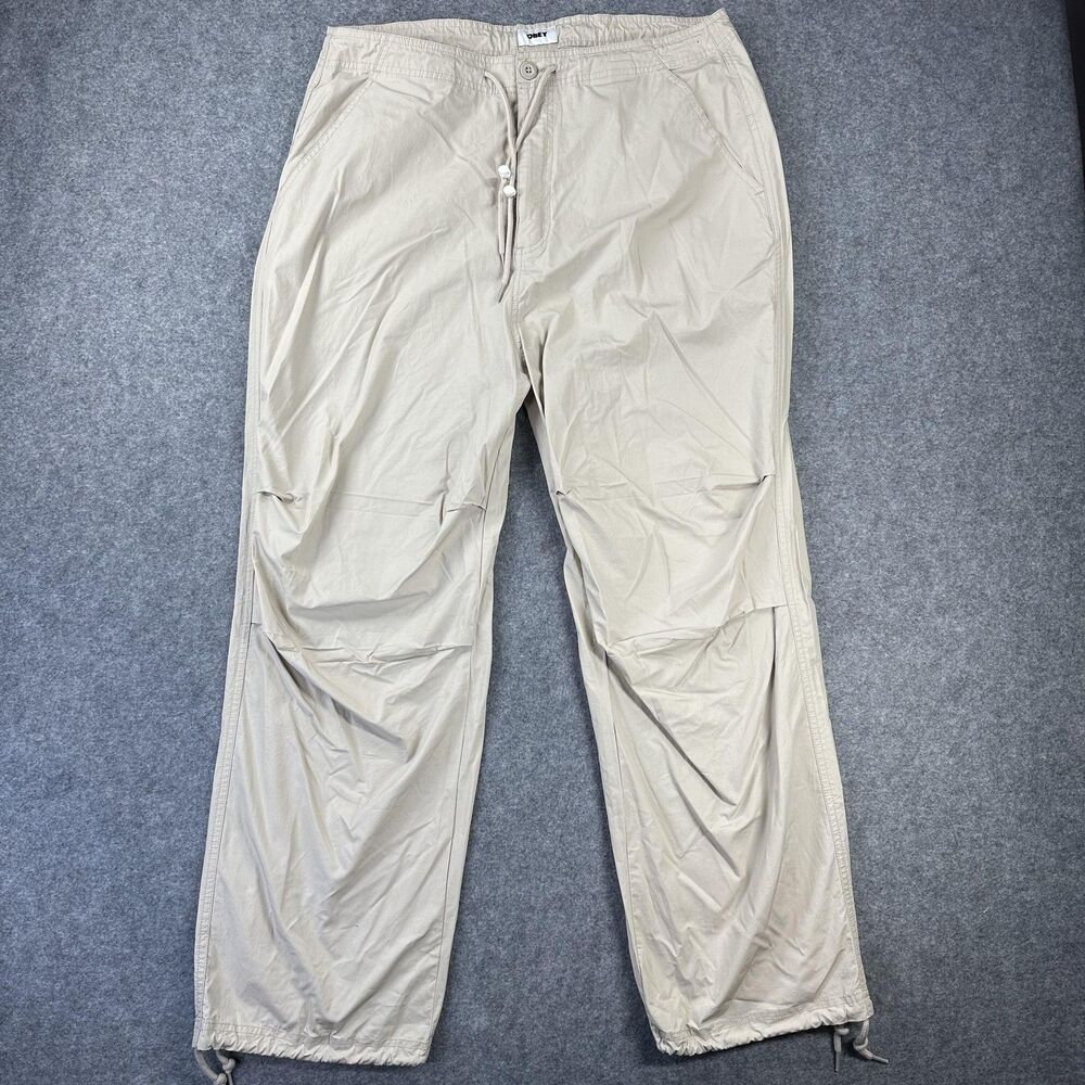 Obey Pants Mens 32x28 Beige Relaxed Fit Drawstring Waist Lightweight Casual